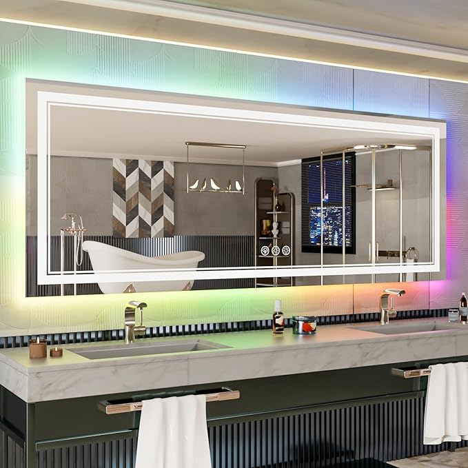 84x32 Inch LED Bathroom Mirror with Lights, Color Changing RGB Backlit Mirror,Large Lighted Vanity Mirrors for Bathroom Wall, Dimmable, Anti-Fog (RGB Backlit+Front-Lit)