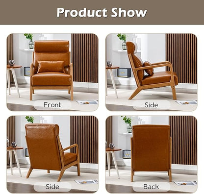 INZOY Mid Century Modern Accent Chair with High Back, PU Leather Reading Armchair with Waist Cushion, Upholstered Wood Frame Living Room Chairs for Bedroom Sunroom, Camel