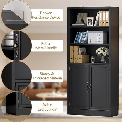 72'' Tall Bookcase with Doors, Adjustable Shelves, P2 MDF Construction, 32'' Wide Freestanding Cabinet with Metal Handles, Hidden Storage for Living Room, Bedroom, Black