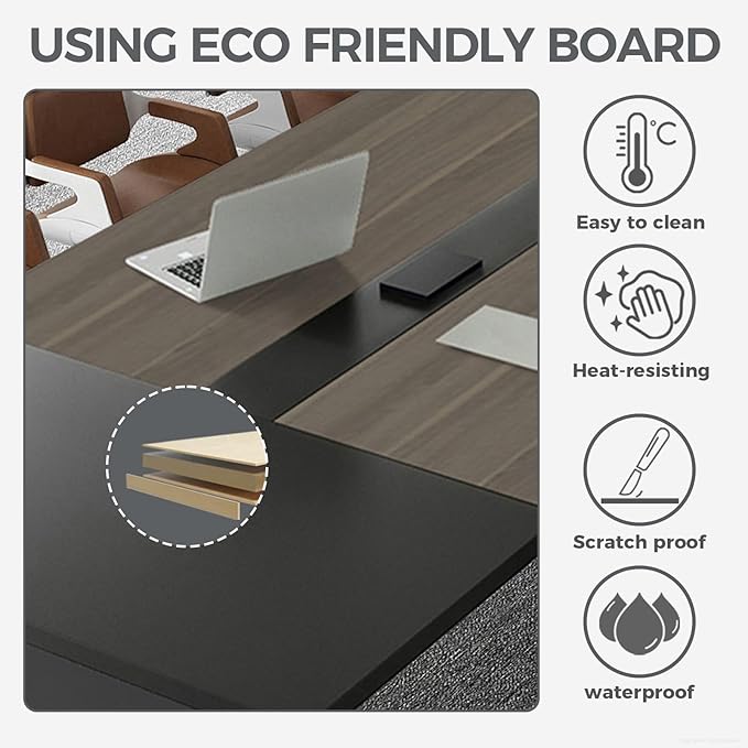 Modern Conference Table with Cable Management, Thickened Top & Trapezoidal Legs – Office Meeting Table for Executive Workspaces (Oak+Gray, 138" L