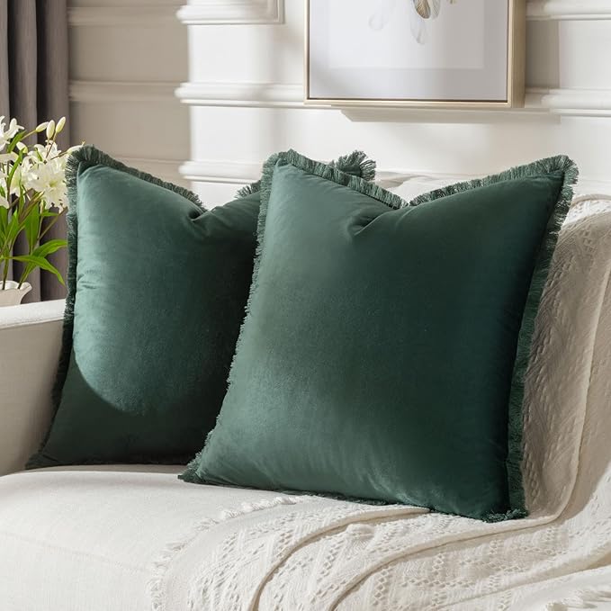 FUTEI Christmas Army Green Velvet Decorative Throw Pillow Covers 20x20 Set of 2,Soft Cozy Edge with Tassels Cushion Case,Boho Modern Home Decor for Couch Bed Living Room