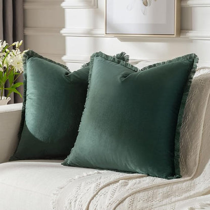FUTEI Christmas Army Green Velvet Decorative Throw Pillow Covers 16x16 Set of 2,Soft Cozy Edge with Tassels Cushion Case,Boho Modern Home Decor for Couch Bed Living Room