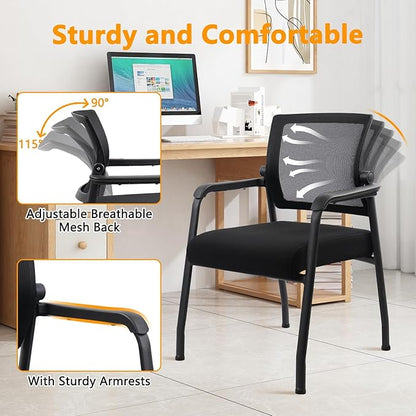 4PK Office Guest Chairs No Wheels | Ergonomic Lumbar Support and Thicked Seats Cushion, Desk Chair with Adjustable Mesh Back for Waiting Room School Church Reception，Black