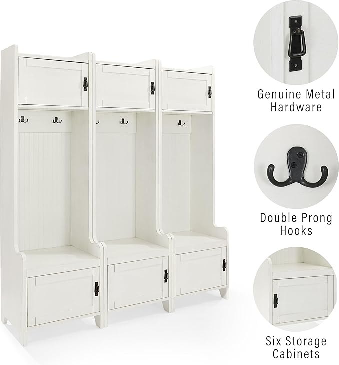 Crosley Furniture Fremont 3-Piece Hall Tree Entryway Set with Storage Cabinets and Coat Rack Hooks, Distressed White
