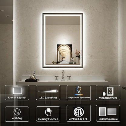 48x30 Inch LED Bathroom Mirror with Lights, Frontlit & Backlit Black Metal Frame Mirror, Wall Mounted Lighted Vanity Mirrors, Double Lights Strips,Anti Fog Dimmable & 3 Colors Temperature