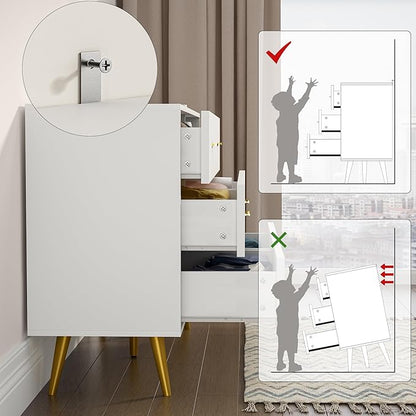 White Dresser for Bedroom with Gold Handles, 6 Drawer Wood Dresser Modern Chest of Organizer Storage Drawers for Hallway, Living Room, TV Stand