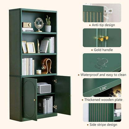 70.8" Tall Fluted Bookshelf with Storage Cabinet, Modern 5-Tier Wood Bookcase with Open Display Storage Shelf, Gold Handles for Office Living Room (Green)