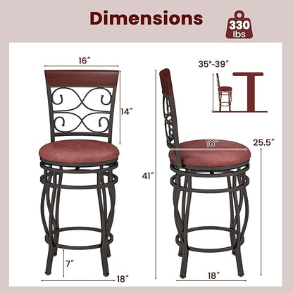 Giantex 26" Swivel Bar Stools Set of 2, Counter Height Bar Stools w/Back, Upholstered PU Leather Seat, Footrest, Max Load 330Lbs, Vintage Metal Barstools for Kitchen Island, Dining Room, Rustic Brown