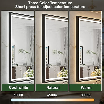 24x36 Inch LED Bathroom Mirror with Lights,Front and Backlit Black Metal Frame Mirror,Wall Mounted Lighted Vanity Mirrors,Double Lights Strips,Anti Fog Stepless Dimmable