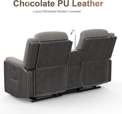Loveseat Recliner Sofa, Manual Double Recliner with Storage Console, Cup Holder, USB Port & Reading Light, Grey Linen & PU Leather Manual Reclining Couch for Living Room, RV/Theater Seating