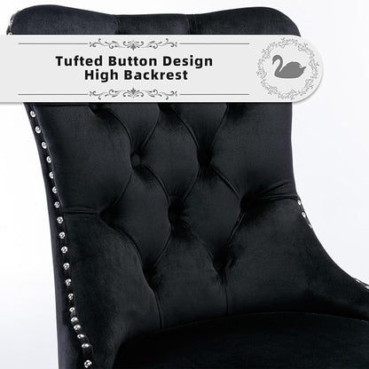 Velvet Upholstered Dining Chairs Set of 4, Modern Style Kitchen Side Chairs with Nailhead Trim and Silver Plated Leg, Metal Pulling Ring for Dining Room Living Room(Black, Set of 4)