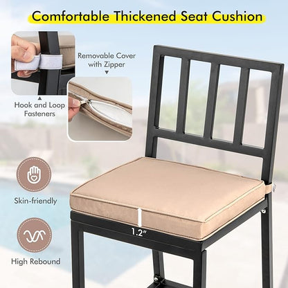 COSTWAY 4 PCS Patio Bar Chairs, Heavy-Duty Metal Frame Bar Stools, Indoor Outdoor All-Weather Resistant Barstools with Detachable Cushion & Footrest, for Patio, Garden, Poolside (4)