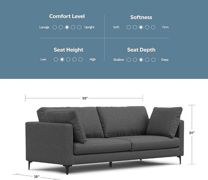 SIMPLIHOME Ava Sofa in 100% Recycled Polyester Tightly Woven Performance Fabric, Pebble Grey, 90-inches Wide, Handcrafted Mid-Century Modern Style Sofa for Living Room or Couch for Family Room