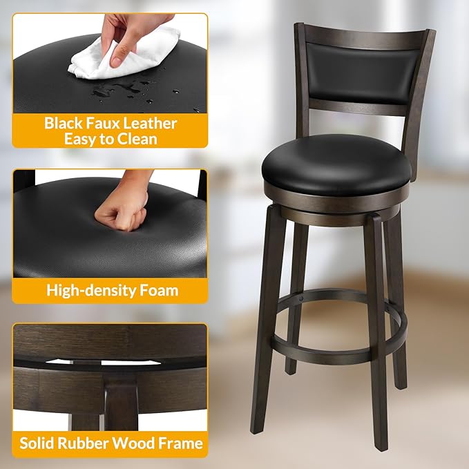 PrimeZone Swivel Bar Stools Set of 3, 30 Inch Bar Height Barstools, Black Faux Leather Bar Stool with High Backrest & Solid Wood Legs & Wrap-Around Footrest, Counter Stools for Kitchen Island, Pub