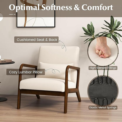 KOMFOTT Mid-Century Modern Accent Chair, Indoor Living Room Leisure Chair with Cushioned Seat & Back, Upholstered Armchair with Rubber Wood Frame & Lumbar Pillow, Lounge Chair for Bedroom, Beige