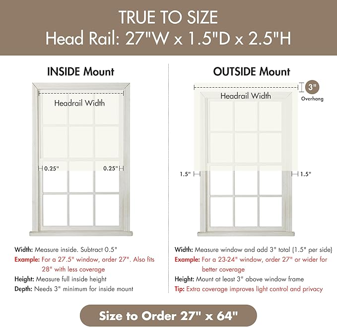 Madison Park Kyler Cordless Roman Shades - Single Panel, Lightweight Linen Blend Fabric, Natural Design, Easy Installation, Light Filtering Window Blind, Bedroom, Living Room Decor 27"W x 64"L Ivory