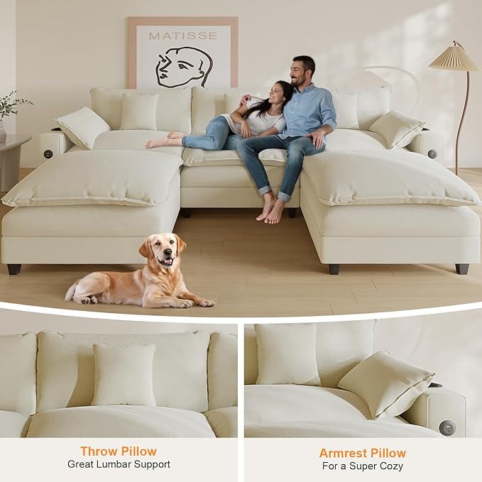 Cloud Couch, Modular Sectional Sofa with Ottoman, Charging Station, Throw Pillows, Cup Holders, Modern Convertible L Shaped Couches for Living Room, Bedroom (White, 116"- U Shape)