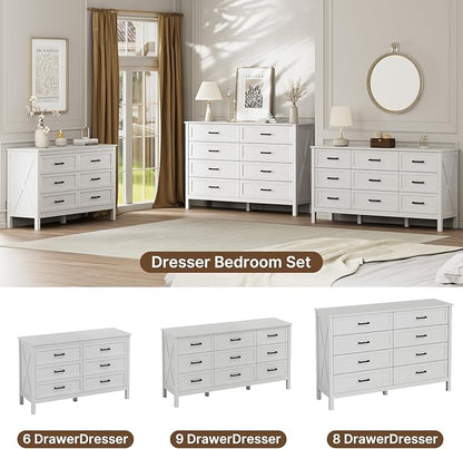 LYNSOM Farmhouse 9 Drawers Dresser for Bedroom, 55" Wide Wood Rustic Chest of Drawers with Natural Texture, Metal Handle, Storage Dressers Organizer for Entryway, Hallway, White