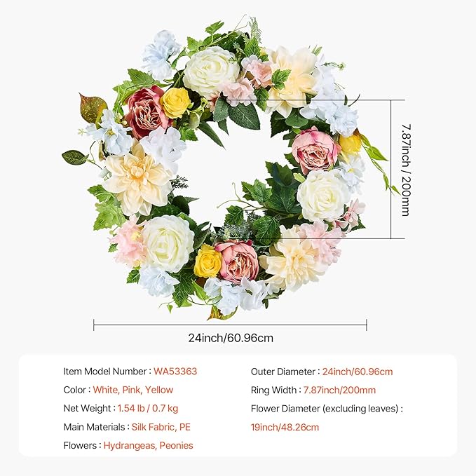 VEVOR Spring Wreath for Front Door 24 Inch - Large Artificial Flower Wreath with Hydrangea & Peony, Year-Round All Season Outdoor Indoor Door Decor