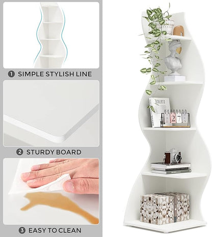 Tribesigns Corner Shelf, Modern 5-Tier Wall Corner Bookshelf Set of Two, Stylish Corner Small Bookcase Storage Rack Plant Stand for Living Room, Home Office, Kitchen, Small Space White, 2PCS