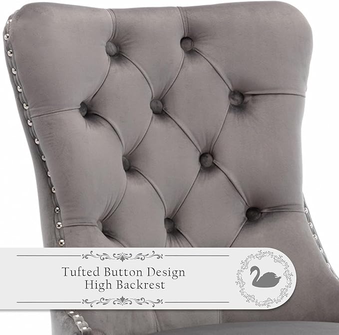 Velvet Upholstered Dining Chairs Set of 2, Modern Style Kitchen Side Chairs with Nailhead Trim and Silver Plated Leg, Metal Pulling Ring for Dining Room Living Room(Gery-Silver Plated Leg)
