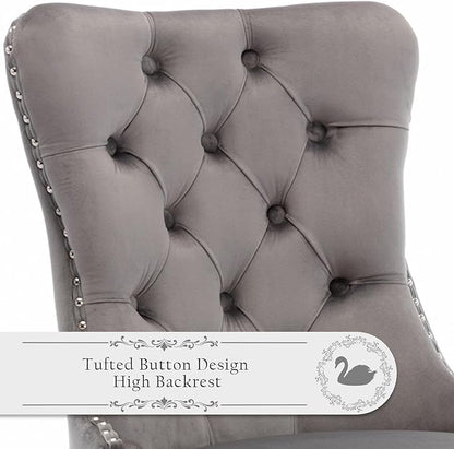 Velvet Upholstered Dining Chairs Set of 6, Modern Style Kitchen Side Chairs with Nailhead Trim and Silver Plated Leg, Metal Pulling Ring for Dining Room Living Room(Gery-Silver Plated Leg)