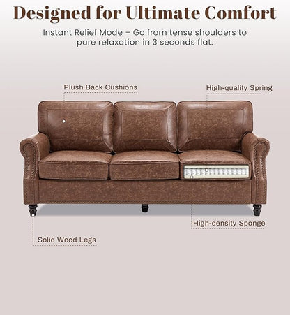 Kingfun Mid-Century Modern Couch, Faux Leather Sofa, 3 Seater Couch for Living Room with Rolled arms & Nailhead Trim, Dark Brown