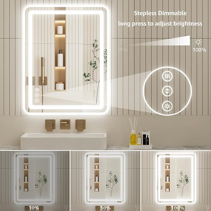 20"L x 28"W Led Bathroom Mirror with Lights, Anti-Fog & Tri-Color Lighting - Wall Mounted Shaving Mirror with Touch Sensor, Waterproof & Smart LED Vanity Mirror,Tempered Glass, Dimmable Smart Mirror