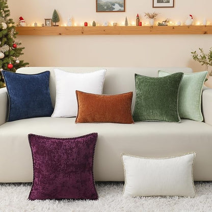 decorUhome Christmas Chenille Soft Throw Pillow Covers 16x16 Set of 2, Farmhouse Velvet Neutral Decorative Euro Fall Pillow Covers with Stitched Edge for Couch Sofa Bed Home Decor, Forest Elf