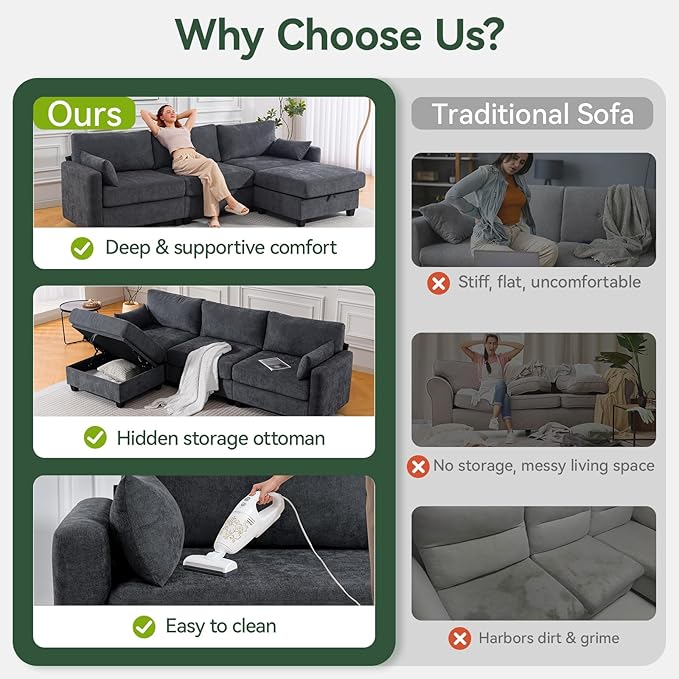 109'' Modular Sectional Sofa, L Shaped Couch with Storage Ottoman, Comfy Cloud Sofa with Deep Seat, 4 Seat Convertible Sectional Couches for Living Room (Gray, High Legs 3.15'')