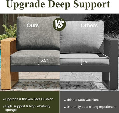 LayinSun 4 Pieces Aluminum Patio Furniture Set with Fire Pit Table, Oversized Seat with Hight Back, Outdoor Conversation Sets for Porch, Balcony, Deck