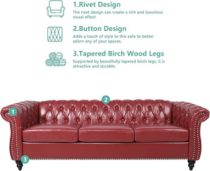 Home Sofa Living Room Furniture, 3 Seater Leather Upholstered Sofa Couch, Modern Comfy Couch with Faux Leather Cushions, Mid Century Tufted Chesterfield Sofas for Bedroom, Office, Apartment (Wine Red)
