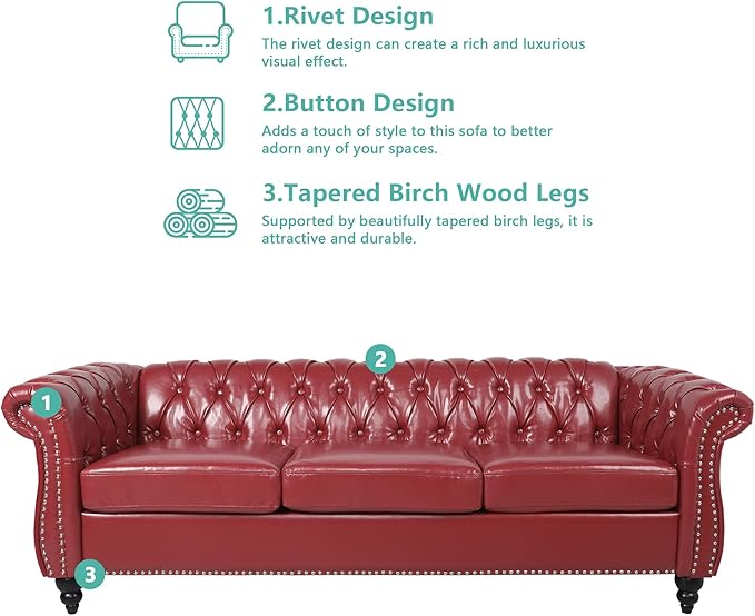 Chesterfield 3 Seater Sofa, Modern Leather Tufted Couch 3 Seater with Rolled Arms and Nailhead Mid-Century Upholstered Couch for Living Room, Bedroom, Apartment and Office, Claret