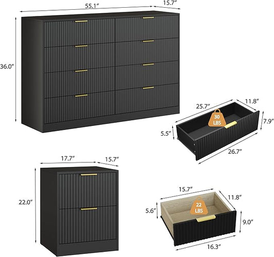 3-Piece Modern Bedroom Furniture Set, Wide 8-Drawer Dresser & 2-Drawer Nightstands Set of 2, Natural Wood Dresser and Nightstand Sets for Bedroom, Hallway, Black