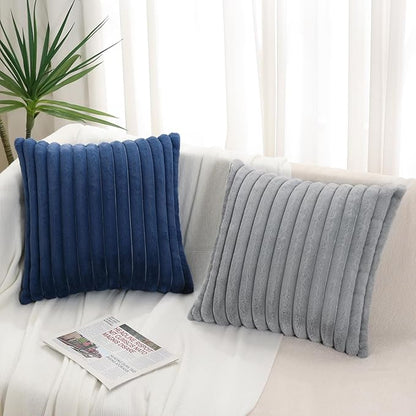 Pallene Faux Fur Plush Throw Pillow Covers 22x22 Set of 2, Luxury Soft Fluffy Striped Decorative Pillow Covers for Sofa, Couch, Living Room, Navy Blue
