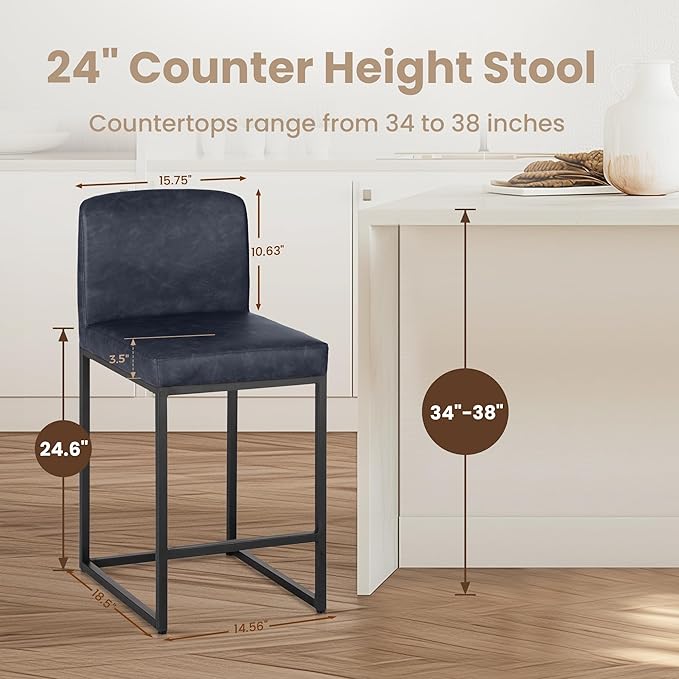PHI VILLA Bar Stools Set of 2 - Counter Height Bar Stool Faux Leather Barstools with Back, 24" Bar Chairs
