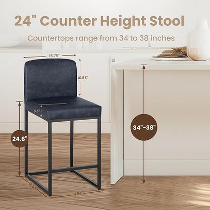 PHI VILLA Bar Stools Set of 2 - Counter Height Bar Stool Faux Leather Barstools with Back, 24" Bar Chairs