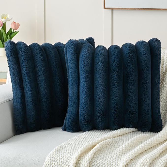 FUTEI Navy Blue Decorative Throw Pillow Covers 24x24 Inch Set of 2, Square Soft Faux Rabbit Fur Thick Striped European Cushion Covers,Winter Home Decor for Couch Bed Living Room