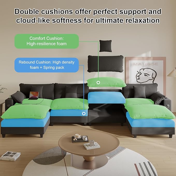 Cloud Couch, Modular Sectional Sofa with Ottoman, Charging Station, Throw Pillows, Cup Holders, Modern Convertible L Shaped Couches for Living Room, Bedroom (Classic Black, 152"- U Shape)