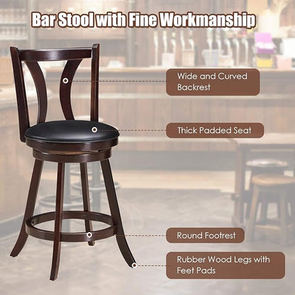 COSTWAY Bar Stools Set of 2, 360-Degree Swivel Stools with Leather Padded Seat, Single Slat Back & Solid Rubber Wood Legs, Counter Height Stools for Pub, Restaurant, Kitchen, Brown (4)