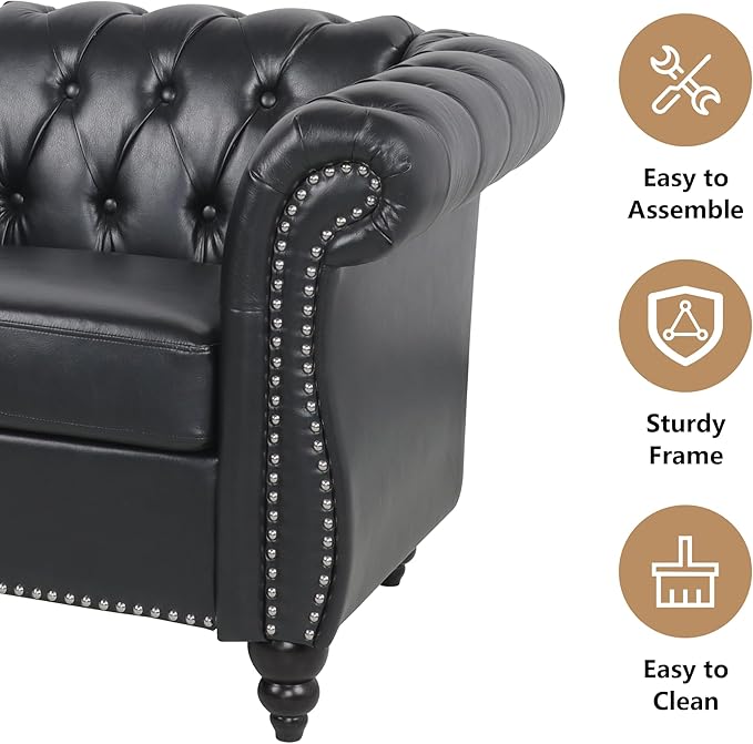 Loveseat Sofa Couch, Modern PU Leather Upholstered Sofa, Oversized Comfy 2 Seater Love Seat Couch with Cushions, Mid Century Tufted Chesterfield Sofa for Living Room, Bedroom, Apartment (Black)