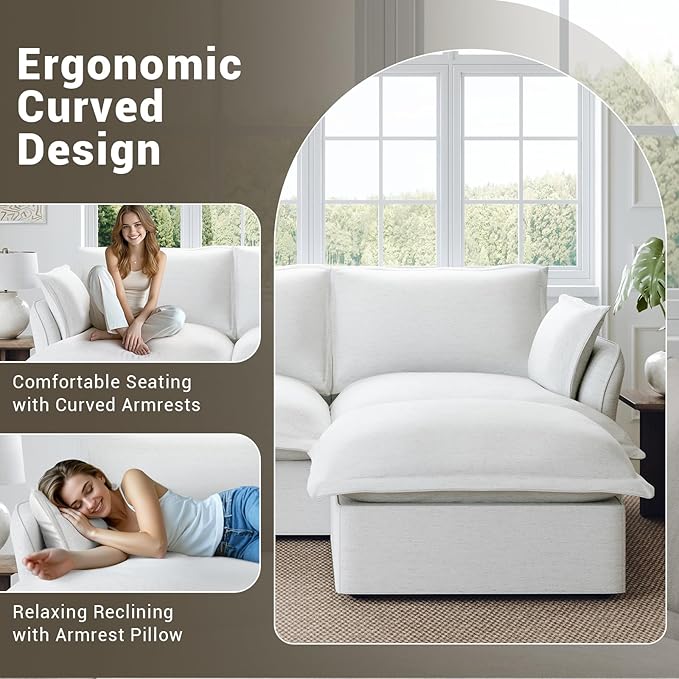 Oversized Cloud Modular Sectional Sofa, Comfy Down Filled Cloud Couch with Removable Cover, V Shaped 5 Seat Couch with Ottoman, Deep Seat Sectional Couches for Living Room, Cream White
