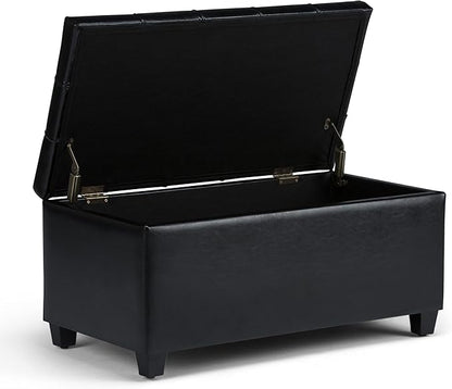 SIMPLIHOME Sienna 33 inch Wide Transitional Rectangle Storage Ottoman Bench in Midnight Black Vegan Faux Leather, Assembled, For the Living Room, Entryway and Family Room