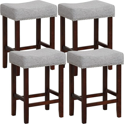COSTWAY Counter Height Bar Stools Set of 4, 25-inch Backless Saddle Stools with Nailhead Trim, Rubber Wood Frame, Footrest, Max Load 330 Lbs, Upholstered Barstools for Kitchen Island Pub, Grey