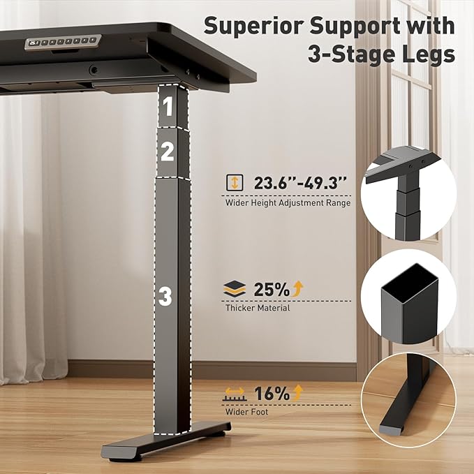 3 Stages Dual Motor Electric Standing Desk with One Piece Desktop, 48 x 24 Inch Adjustable Height Sit to Stand Up Desk for Home Office, Work & Study, Black Frame & Brown Desktop (2 Packages)