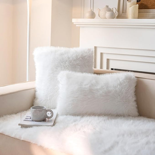 Neelvin Cream White Faux Fur Cozy Fluffy Double-Sided Decorative Throw Pillow Covers 24x24 inch Set of 2,Velvet Pillowcase Cushion Case for Sofa Couch