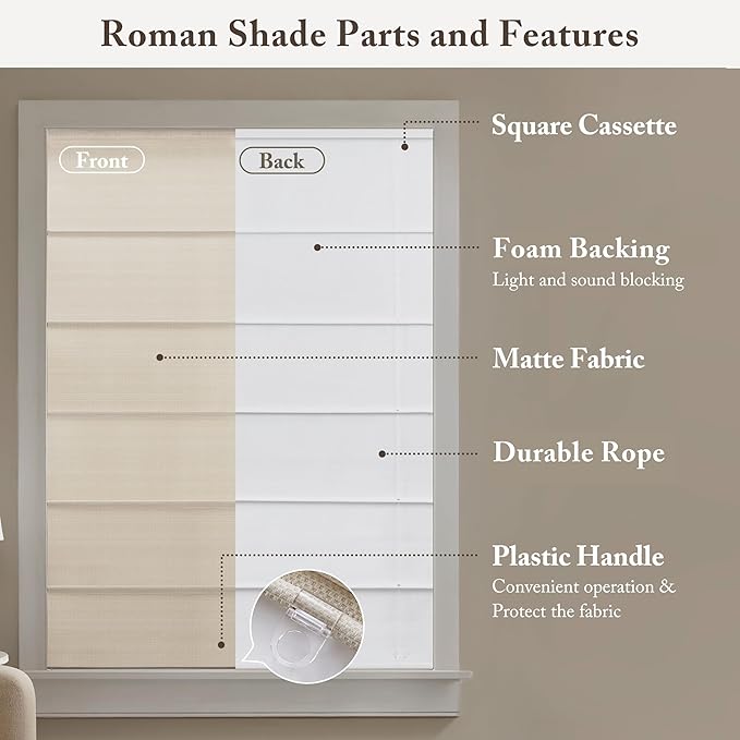 Madison Park Galen Matte Linen Cordless Roman Shades - Fabric Privacy Single Panel Darkening, Energy Efficient, Thermal Insulated Window Blind Treatment, for Home, Living Room Decor,29" W x 64" H
