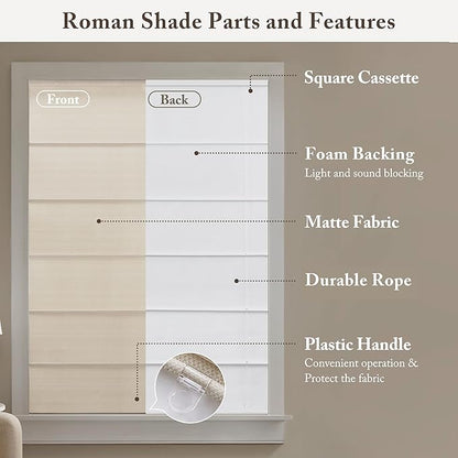 Madison Park Galen Matte Linen Cordless Roman Shades - Fabric Privacy Single Panel Darkening, Energy Efficient, Thermal Insulated Window Blind Treatment, for Home, Living Room Decor,29" W x 64" H