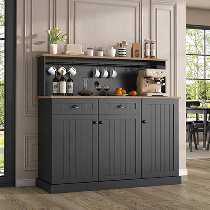 Sideboard Buffet Cabinet with 2 Drawers, Farmhouse Kitchen Pantry with Adjustable Shelves, Coffee Bar Cupboard Cabinet with 3 Doors for Kitchen, Dining Room (Black)