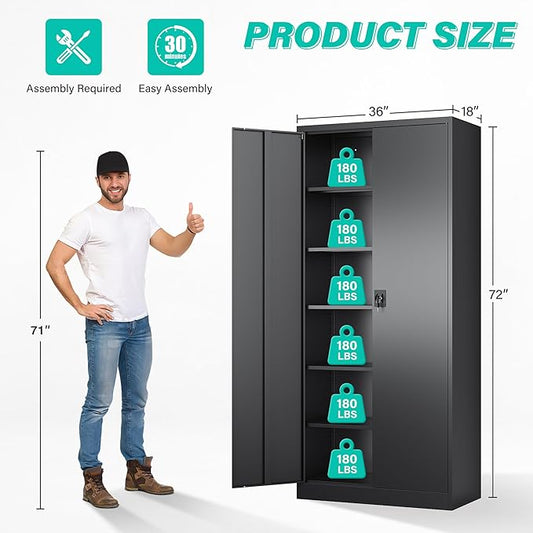 SISESOL Wide & Deep Metal Storage Cabinet with Lock & 5 Adjustable Shelves,72" Black Garage Storage Cabinet with Locking Doors,Lockable Cabinets for Home,Office,Garage,Shop,Basement 72x36x18